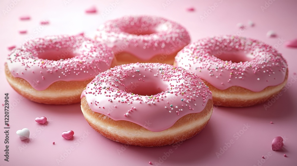 Sweet donuts with pink glaze and sprinkles on a pastel background Sweet donuts with pink glaze and sprinkles on a pastel background
