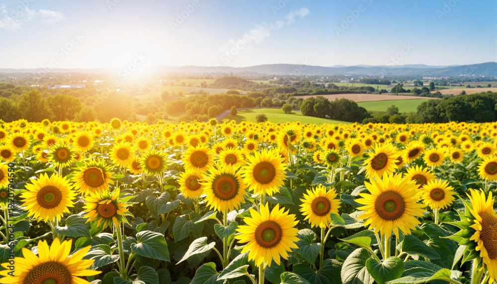 Fototapeta premium Vibrant sunflower fields blooming in rural countryside, summer beauty