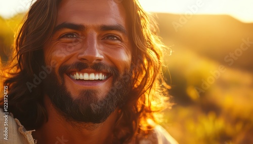 A close-up portrait of Jesus Christ, smiling with warm sunlight shining on his face and creating a soft glow that accentuates his features and highlights his radiant smile. 