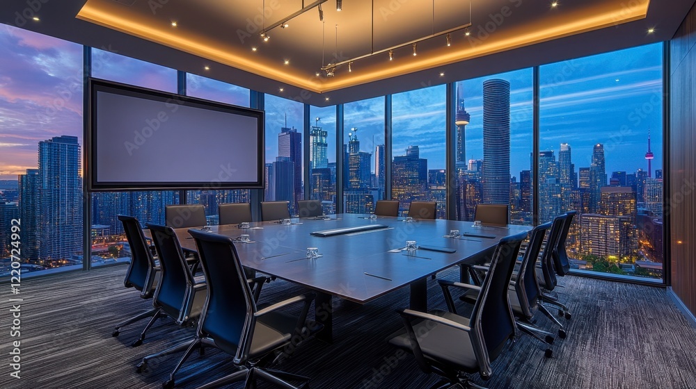 A modern boardroom with sleek furniture, large screens, and a view of the city skyline A modern boardroom with sleek furniture, large screens, and a view of the city skyline