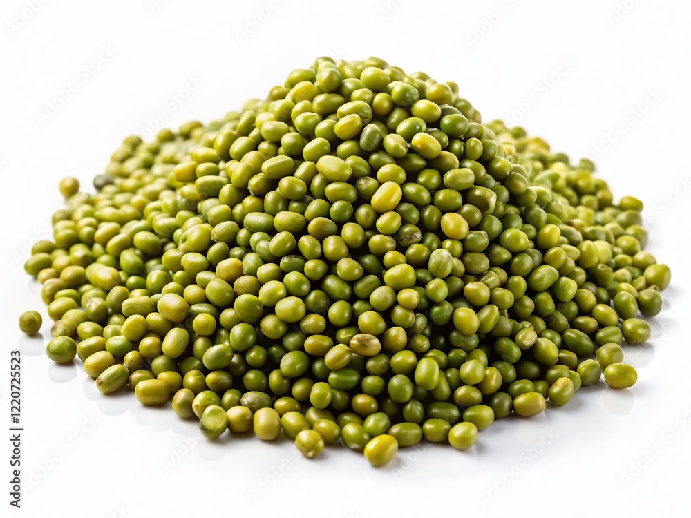 Fresh Green Mung Beans, Aerial View, White Background - High-Resolution Stock Photo Fresh Green Mung Beans, Aerial View, White Background - High-Resolution Stock Photo