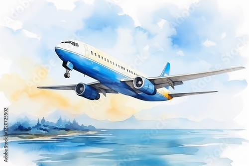 A top view of a passenger airplane flying over coastline shore in watercolour technique 