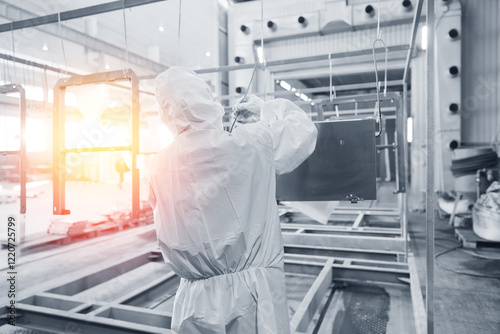 Industrial factory worker in protective gear at metal coating facility