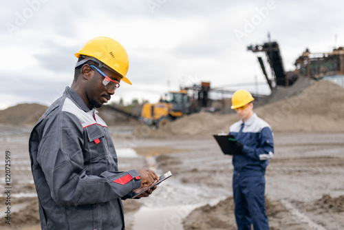 African adult male use tablet computer and caucasian young man surveying engineers at sand quarry mining site