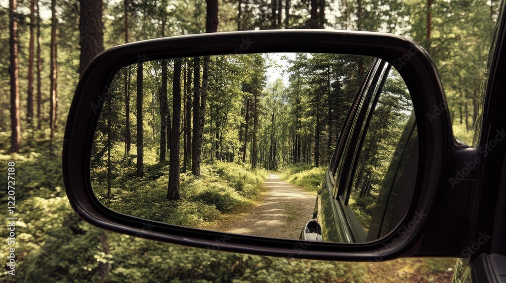 A serene forest path is beautifully reflected in the side mirror of a vehicle, inviting the viewer to appreciate nature's tranquility and the adventure of exploration. A serene forest path is beautifully reflected in the side mirror of a vehicle, inviting the viewer to appreciate nature's tranquility and the adventure of exploration.