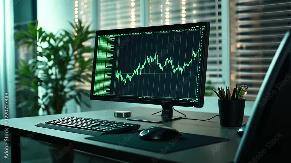 A minimalist desk featuring a computer screen with green candlestick patterns and high-volume indicators, emphasizing positive stock market growth.