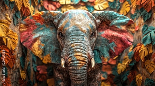 A stunning and colorful depiction of an elephant stands prominently amidst vibrant tropical foliage, reflecting the essence and beauty of wildlife and nature's palette.
