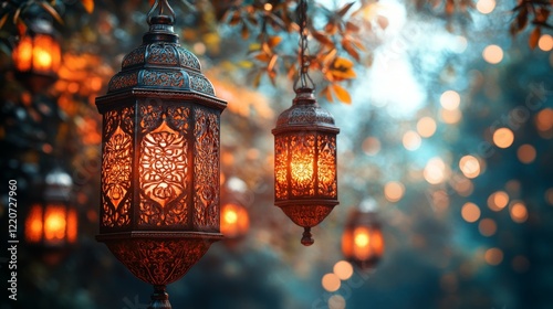 Enchanting Lanterns Glow in Twilight Setting with Intricate Designs and Warm Light Illuminating the Scene Creating Magical Atmosphere photo