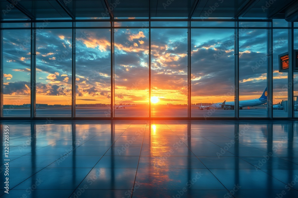 Fototapeta premium Stunning sunset reflecting on airport terminal floor with airplanes outside