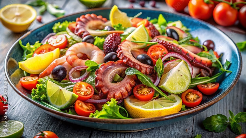 Fresh Seafood Salad with Colorful Vegetables: Mediterranean Diet Concept Fresh Seafood Salad with Colorful Vegetables: Mediterranean Diet Concept