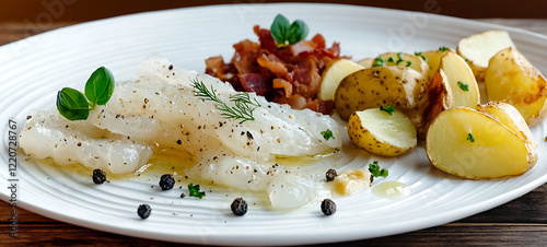 Traditional scandinavian lutefisk dish on a white plate, featuring translucent jelly-like fish fillet with soft texture, classic nordic cuisine specialty. Authentic nordic food photo
