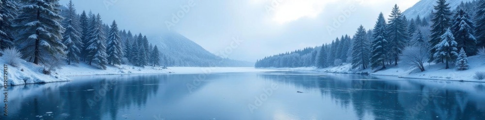 Frozen lake reflects the towering evergreen trees, ice, nature