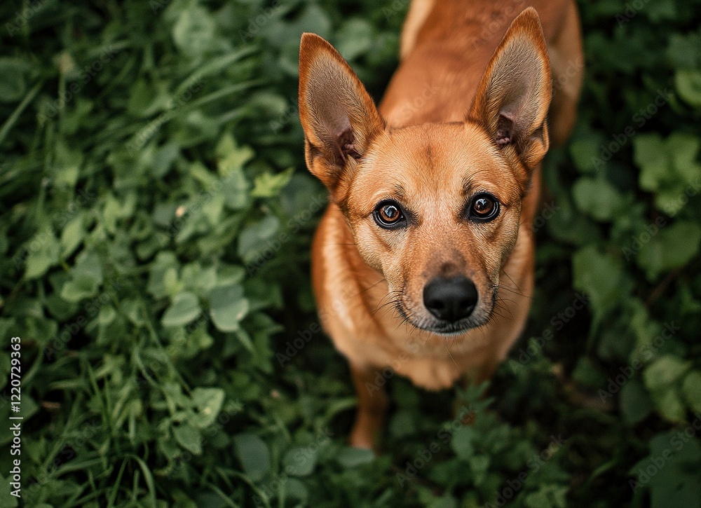 A red Malinois dog standing on green grass, looking at the camera, with ears up and tail raised. The background is blurred and has a bokeh effect, giving focus to the subject. A red Malinois dog standing on green grass, looking at the camera, with ears up and tail raised. The background is blurred and has a bokeh effect, giving focus to the subject.