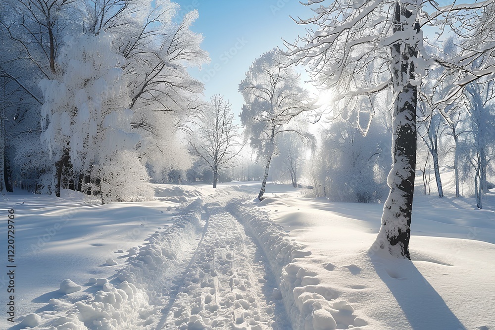 Obraz premium A snow covered path in the middle of a forest