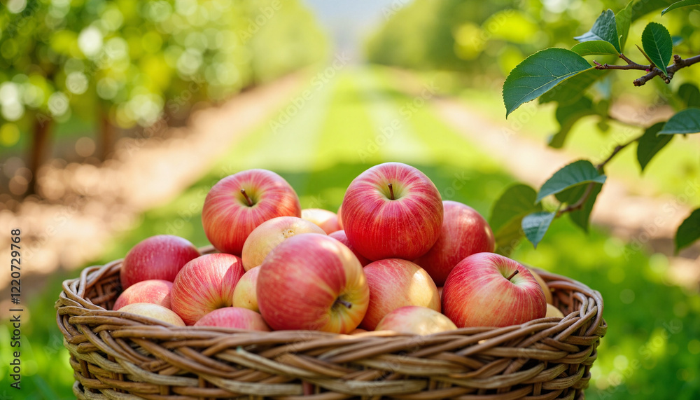 Basket of fresh apples in vibrant orchard setting, autumn harvest Basket of fresh apples in vibrant orchard setting, autumn harvest