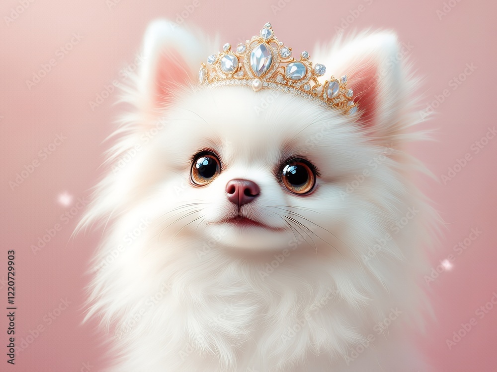 white pomeranian puppy on a velvet cushion, wearing a small royal crown adorned with pearls white pomeranian puppy on a velvet cushion, wearing a small royal crown adorned with pearls