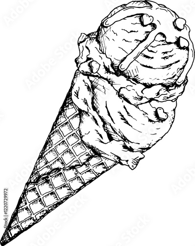 Handdrawn ink vector illustration of ice cream in a waffle cone with dripping icing and heart-shaped decorations. Perfect for summer, desserts or romantic food-themed designs, gelateria and cafe print