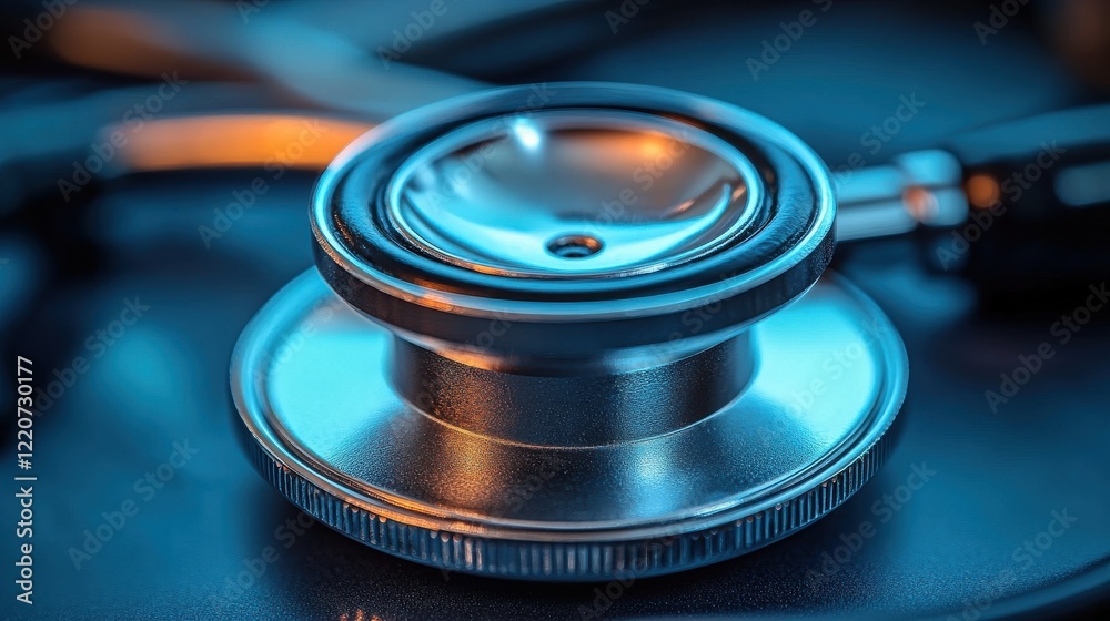 Close-up of a shiny stethoscope on a dark surface with soft blue lighting, symbolizing healthcare Close-up of a shiny stethoscope on a dark surface with soft blue lighting, symbolizing healthcare