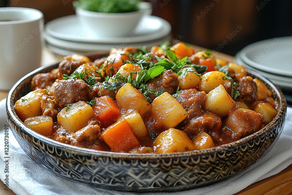 Delicious Hearty Stew with Potatoes and Meat in a Decorative Bowl Delicious Hearty Stew with Potatoes and Meat in a Decorative Bowl