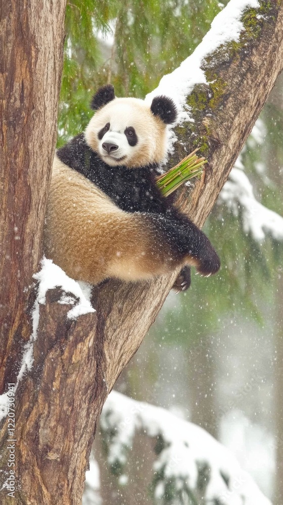 Obraz premium A delightful image of a panda comfortably nestled in a snowy tree, showcasing the charm and cuteness of wildlife in a serene winter landscape.