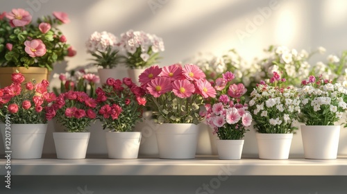 Wallpaper Mural Vibrant collection of flowers in pots on sunlit shelf for interior decor inspiration Torontodigital.ca