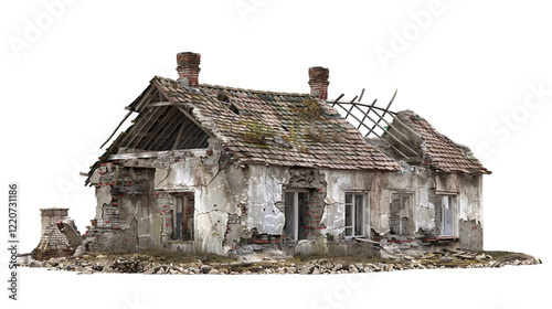 Принти на полотні Ruined village house isolated on white background,