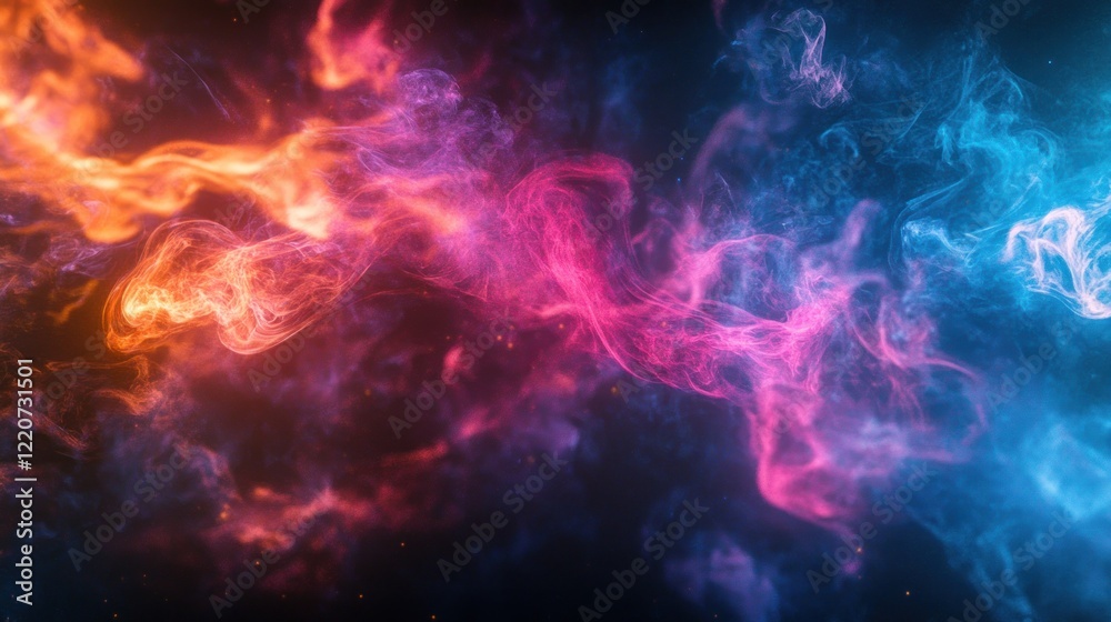 Obraz premium Abstract swirling vibrant smoke, red, blue, orange, pink hues on dark background.