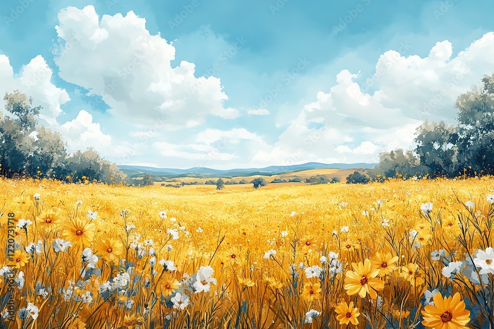 Obraz premium Vibrant Yellow and White Flower Field Under a Sunny Sky