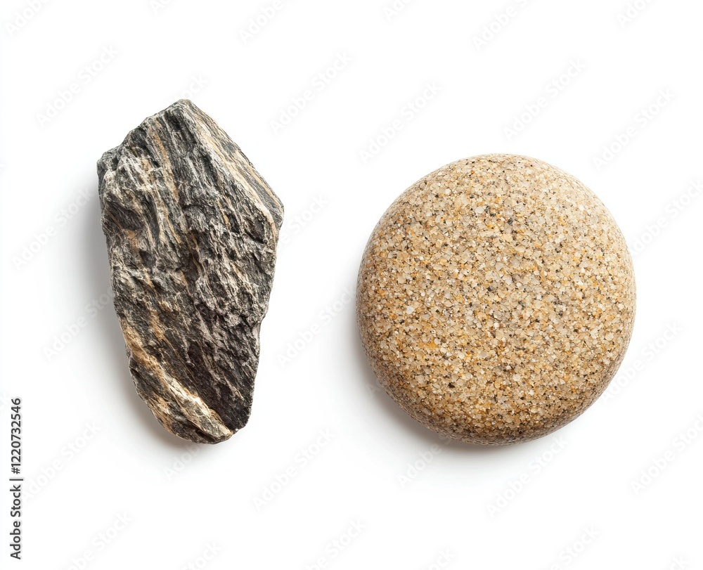 Obraz premium a round piece of sand and an ancient stone isolated on white background, detailed photo, high resolution, professional photograph, small size, top view, flat lay 