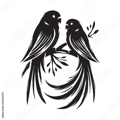 Lovebirds snuggling on a branch, perfect for romantic art - Lovebirds silhouette - Lovebirds vector - Lovebirds illustration - valentine silhouette - love silhouette
