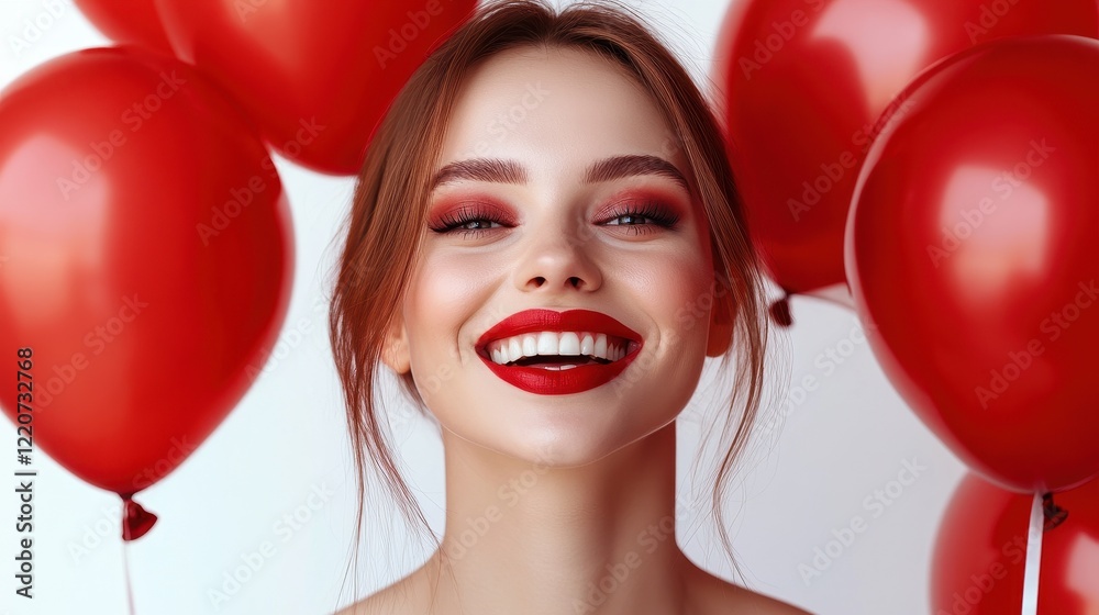 Joyful celebration with happy woman surrounded by red balloons for festive design