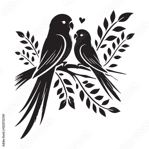 Two lovebirds sitting side by side on a branch - Lovebirds silhouette - Lovebirds vector - Lovebirds illustration - valentine silhouette - love silhouette
