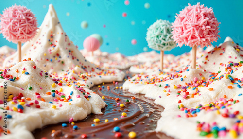 Colorful ice cream mountain with chocolate river, sweet fantasy landscape