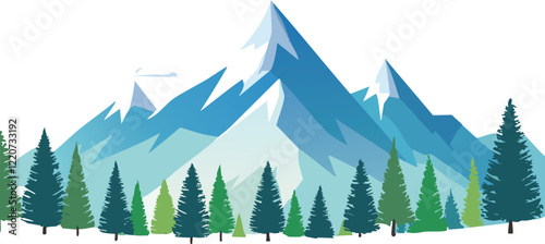 Stylized vector illustration of a snow-capped mountain landscape with pine trees and clear blue sky, flat design style