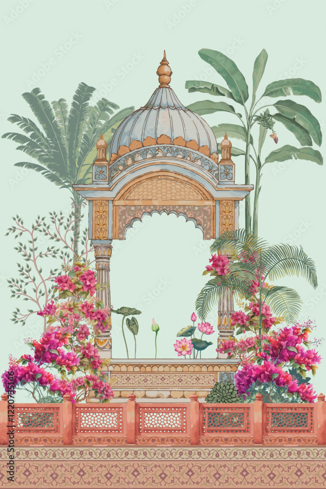 custom made wallpaper toronto digitalMughal ethnic pattern, temple arch, palm tree, plant with lotus, bougainvillea flowers illustration for wedding