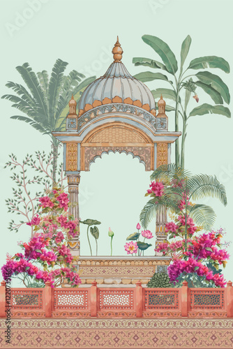 Mughal ethnic pattern, temple arch, palm tree, plant with lotus, bougainvillea flowers illustration for wedding