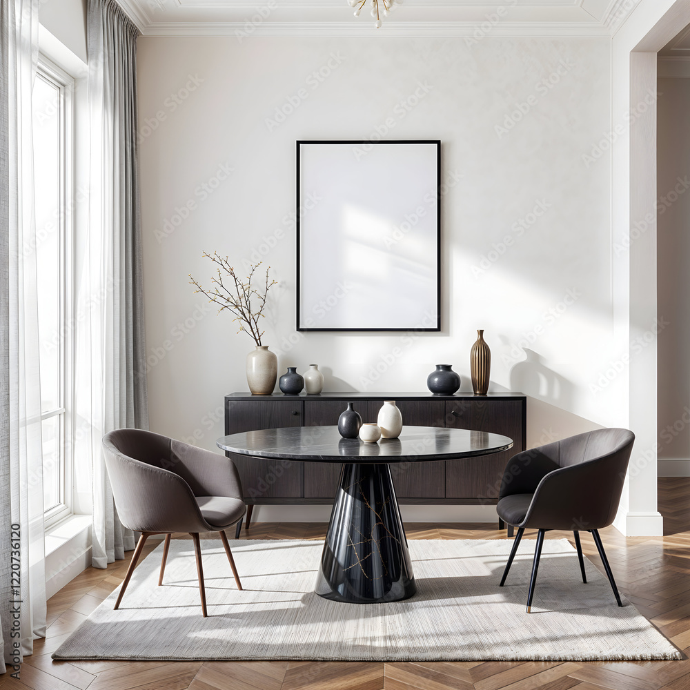 Modern reading nook with frame mockup, Cozy boucle armchair, Wooden coffee table in minimalist interior, 3D render Modern reading nook with frame mockup, Cozy boucle armchair, Wooden coffee table in minimalist interior, 3D render