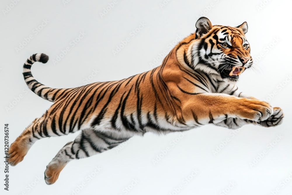 Obraz premium Tiger leaping with mouth open on white background