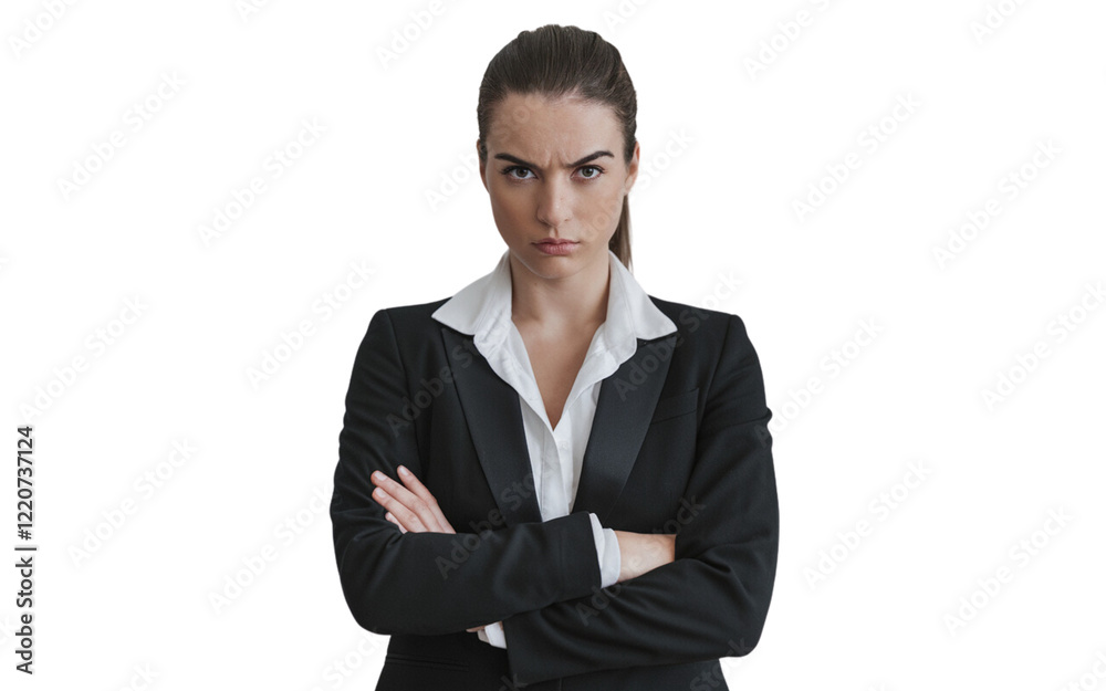 businesswoman with stern expression in black blazer and white shirt, arms crossed, isolated on transparent background PNG businesswoman with stern expression in black blazer and white shirt, arms crossed, isolated on transparent background PNG