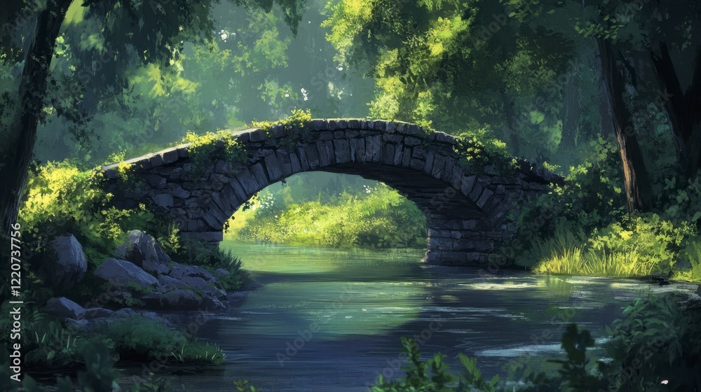 A rustic stone bridge over a calm river, surrounded by lush greenery A rustic stone bridge over a calm river, surrounded by lush greenery