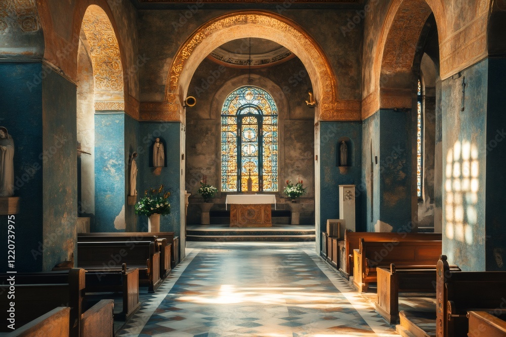 Fototapeta premium Sunlight illuminating stained glass window in empty church