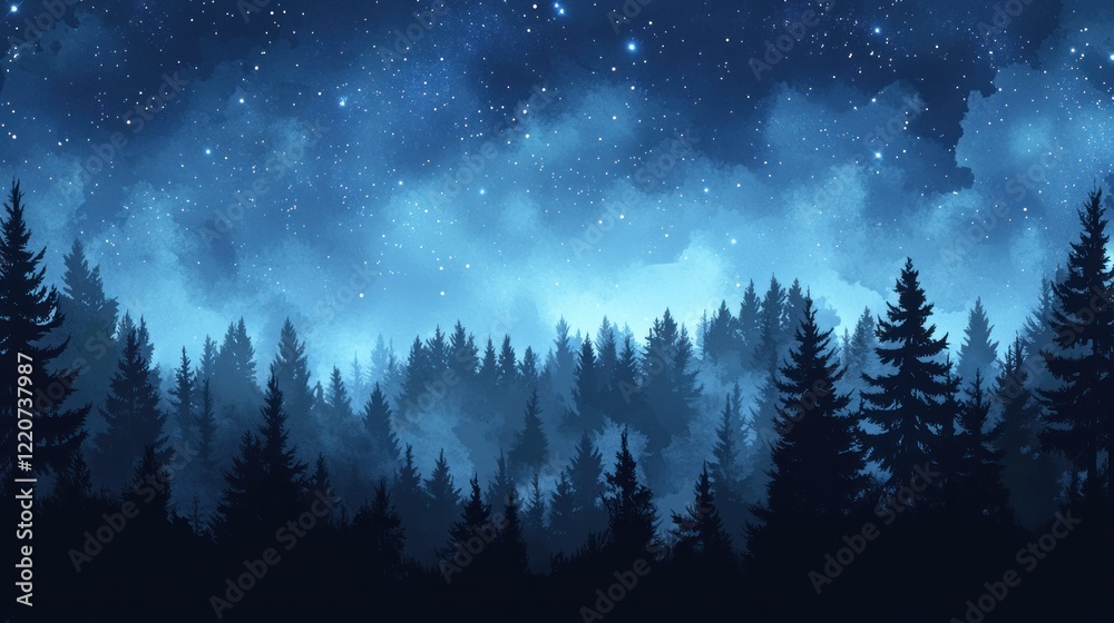 Fototapeta premium Starry Night Sky Over Silhouetted Pine Forest