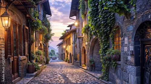 A charming medieval village street with cobblestones, ivy-covered stone houses, and glowing lanterns at twilight. Perfect for historical, fantasy, or architectural themes