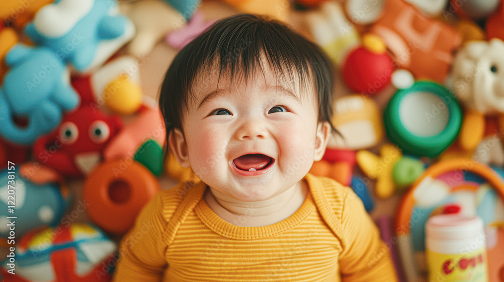 A baby is smiling and laughing while laying on a pile of toys A baby is smiling and laughing while laying on a pile of toys