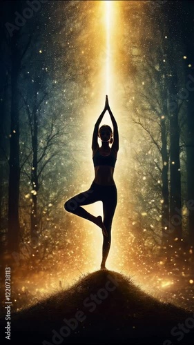 Silhouette of a girl in tree pose practicing yoga in the forest, shining with heavenly light. The stage is illuminated by a beam of light that rises from the earth and fills the body