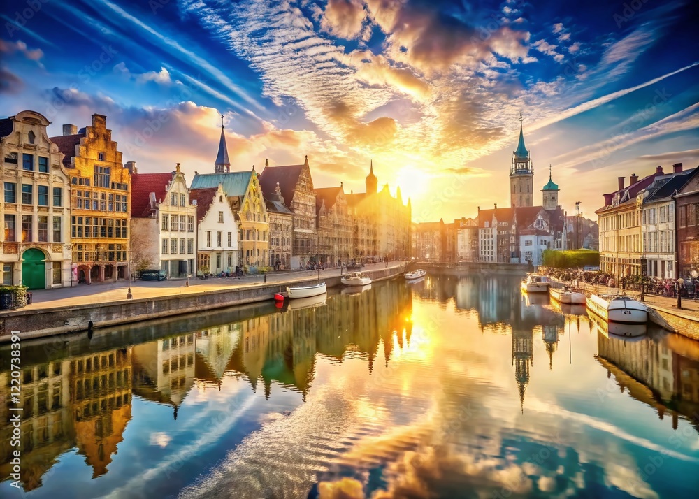Naklejka premium Ghent Cityscape: Double Exposure of Leie River & Medieval Architecture
