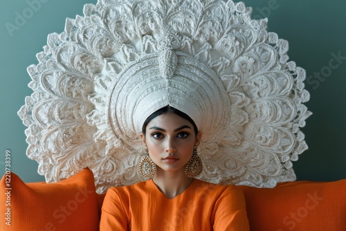 Fashion model wearing huge traditional white kokoshnik headwear posing on orange sofa photo