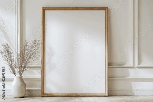 Minimal empty vertical wooden picture frame mockup. White wall with elegant stucco decor. Portrait large poster a3, a2 mock-up. Wooden table. Modern, minimal design, Scandinavian indoor interior.