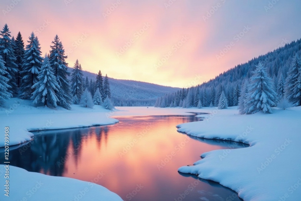 Fototapeta premium Frozen lake with snow-covered trees in the distance, ice, lake