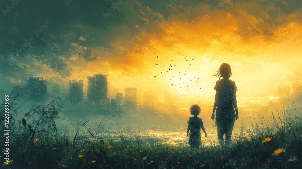 A poignant scene of two figures silhouetted against a dramatic sunset with distant city skyline and yellow flowers in a misty field A poignant scene of two figures silhouetted against a dramatic sunset with distant city skyline and yellow flowers in a misty field